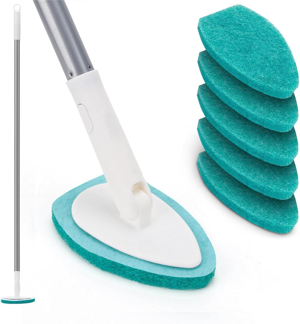 Shower Scrubber with Long Handle, 47'' Bathtub Scrub Brush, Bathroom Tub and Tile Cleaning Tool with 4 Refill Pads