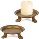 NIKKY HOME Gold Decorative Iron Plate Candle Holders Set of 2, Vintage Pillar Candlestick Stand Base Tray for LED & Wax Candles, Incense Cones, Spa, Weddings