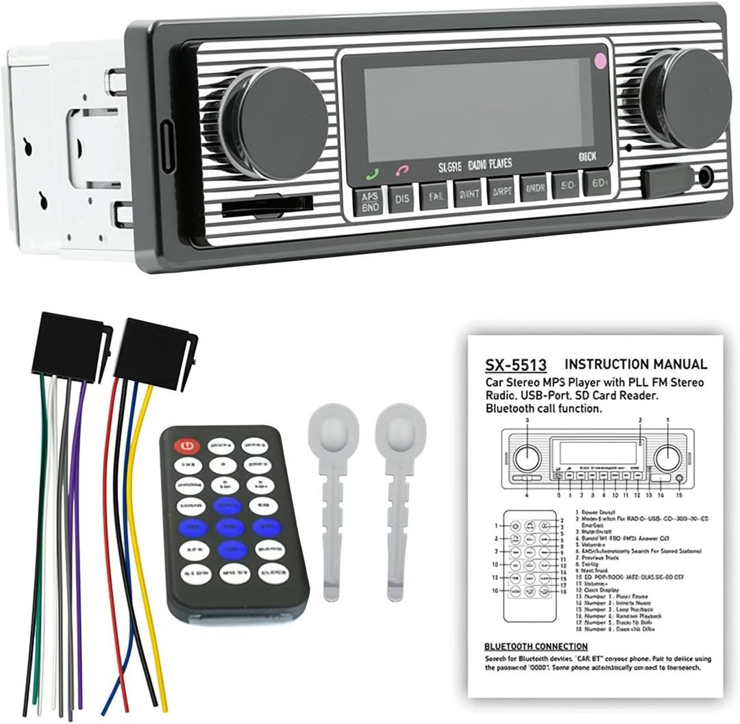 Classic Single Din Car Stereo with Bluetooth, Hands-Free Calling & Voice Control, FM Radio MP3 Player, USB/SD/AUX Port, Fast Charging, Includes Remote Control