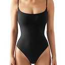 SUUKSESS Women Sexy Square Neck Thong Bodysuit Backless Sleeveless Cami Body Suit Top (Black, XS)