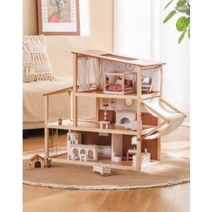 ROBUD Doll House - Wooden Bohemian Dollhouse with Realistic Design, Includes 37 Pieces of Furniture & Accessories for Kids Ages 3+