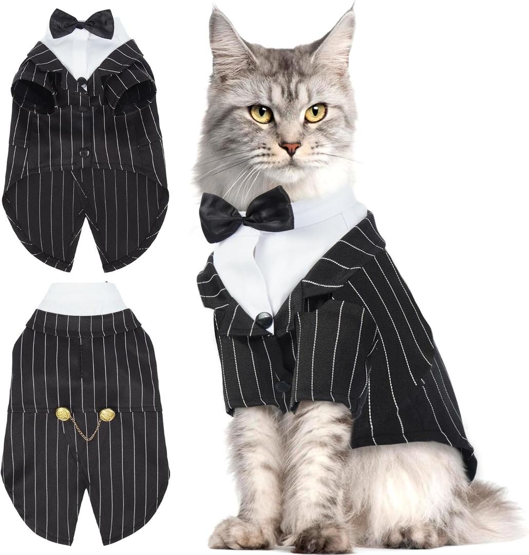 QBLEEV Cat Tuxedo Outfit with Bow Tie, Sphynx Cat Costume Formal Suit Wear | Soft breathable, stylish hairless clothes for cats only, kitten wedding birthday party shirt for male boy, black stipe, M