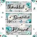 Tradder 3 Pcs Farmhouse Bathroom Wall Decor Teal Daisy Flowers and Butterfly Bathroom Wall Art Wooden Rustic Thankful Grateful Blessed Plaque Hanging Signs Spring for Home Kitchen Living Room
