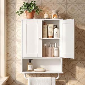 VASAGLE Siren Collection Bathroom Wall Cabinet, Hanging Storage | Bathroom storage cabinet, towel rod, farmhouse, adjustable shelf, doors, 7.9 x 17.7 x 23.6 Inches, UBBK148WB01S, 2Doors with Towel Rod17.7"W
