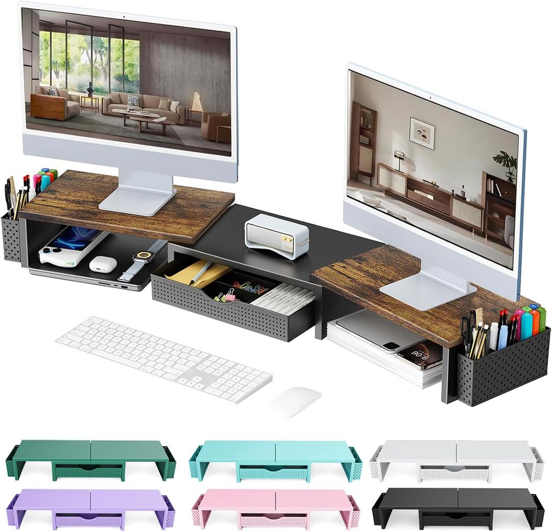 gianotter Dual Monitor Stand Riser, Desk Organizer With Drawer and 2 Pen Holders,Computer Monitor Stand, Desk Shelf for Top of Desk, Wood