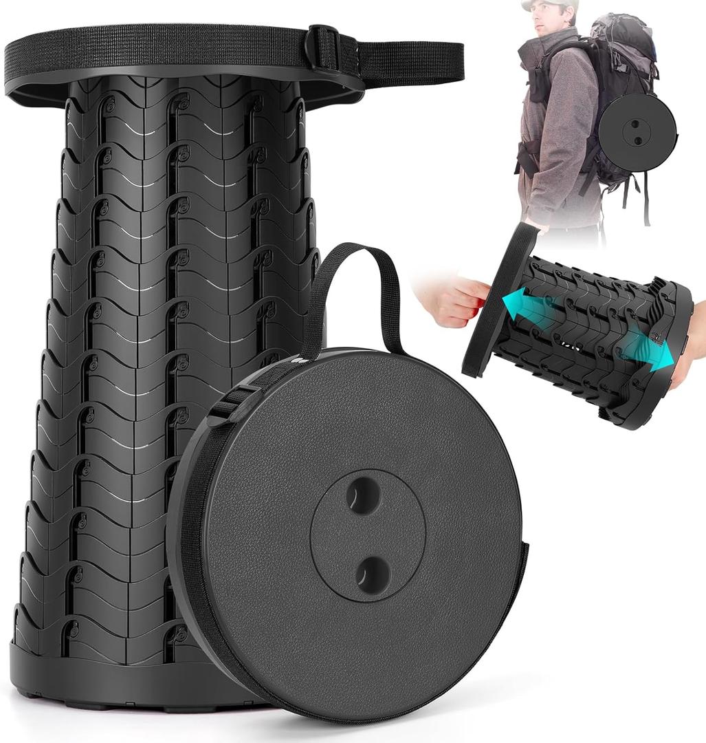 Collapsible Stool, Folding Chair - Upgraded Portable Chair with Load Capacity 400lbs, Portable Stool for Camping Fishing Hiking - Folding Tool with Carrying Straps,Gifts for Fisherman (Black)