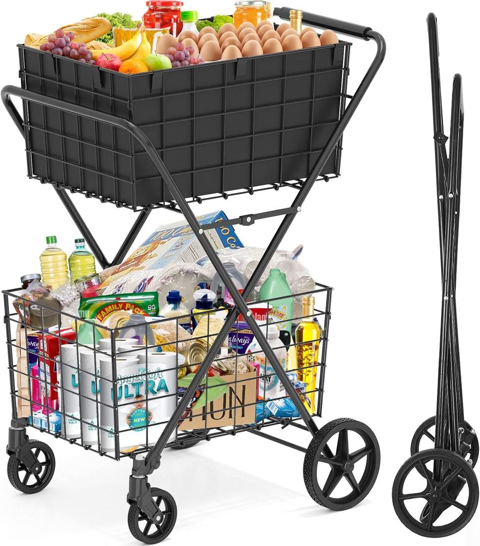 [] 2-Tier Extra Large Collapsible Grocery Cart On Wheels, 400lbs Shopping Cart for Groceries with 2 Removable Baskets, Waterproof Liner, Heavy Duty Foldable Shopping Utility Cart for Seniors