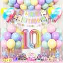 10th Birthday Decorations Rainbow,Gradient Number 10 Balloon,Pastel Happy Birthday Banner Fringe Curtain Heart Foil Balloons Boys Girls 10 Year Old Decor