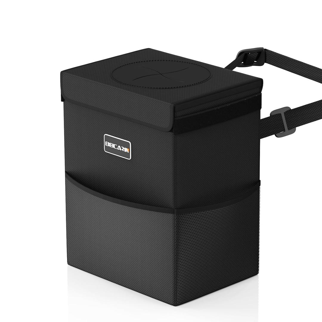 Beicarin Car Trash Can with Lid - Trash Bag Hanging with Storage Pockets Leak-Proof Organizer Collapsible and Portable Waterproof Garbage Bin, 2.2 Gallons Multipurpose Trash Bin for Car