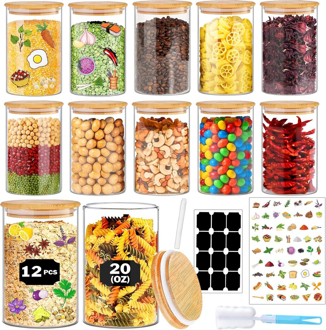 Glass Jars with Bamboo Lids 20 oz, 12 Pcs Stackable Kitchen Glass Pantry Storage Containers with Airtight Bamboo Lids for Rice, Candy, Sugar, Flour, Nuts, Cookie, Bean