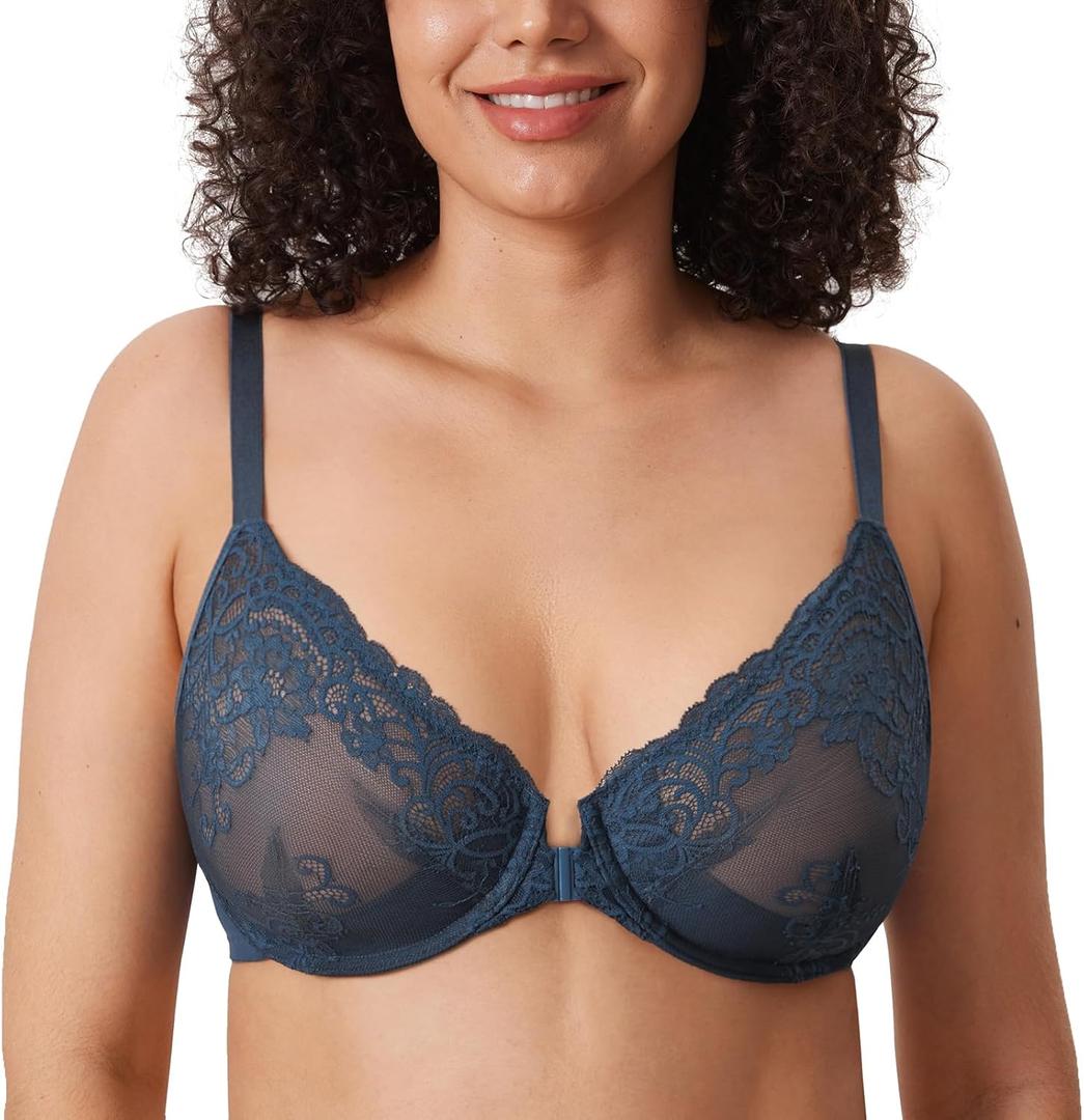 DELIMIRA Women's Front Closure Lace Underwire Sheer Bras Plus Size Full Coverage Sexy Plunge Unlined Bra Size 38DD