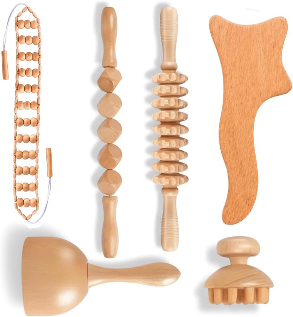 Premium 6-Piece Wooden Massager Tool Set Natural Wood Therapy Tools for Muscle Pain Relief, Maderoterapia kit Lymphatic Drainage, Massage wood therapy tools for Body Sculpting Anti Cellulite sculpting