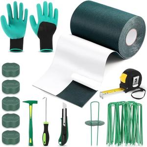 Gersoniel Artificial Grass Turf Tape Set 50pcs Turf Stakes Staples 6 Inch x 33 ft Seaming Turf Tape 50pcs Buffer Washers Pick Hammer Glove Tape Measure Knife Hook Tools for Lawn Garden Outdoor Carpet