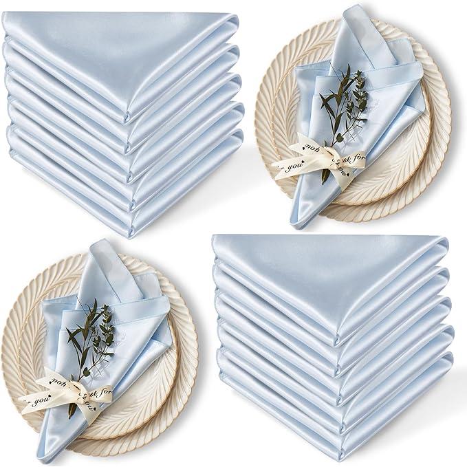 12 Pack Satin Table Cloth Napkins, 17x17 Inch Baby Blue Silky Wedding Napkins Cloth Washable, Luxury Dining Table Cloth Napkins Set for Birthday Holiday Party Dinner Restaurant