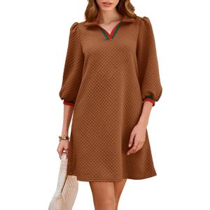 Wenrine Womens 3/4 Sleeve Mini Dress Casual V Neck Collared Textured Loose Fall A Line Argyle Dresses with Pockets (Brown)
