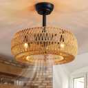 20" Boho Caged Ceiling Fan with Lights Remote Control, Rattan Cage Low Profile Bladeless Ceiling Fan, Farmhouse Ceiling Fans with Light for Kitchen, Bedroom, Dining Room