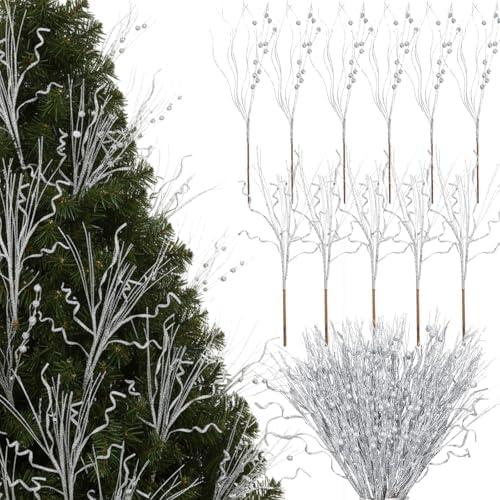Crowye 6 Pcs Christmas Tree Picks and Sprays Christmas Tree Filler Decorations Artificial Glitter Berry Stems Branches Picks for Xmas Trees Topper Glittery Twigs for Vases Wreath Decor(Silver)