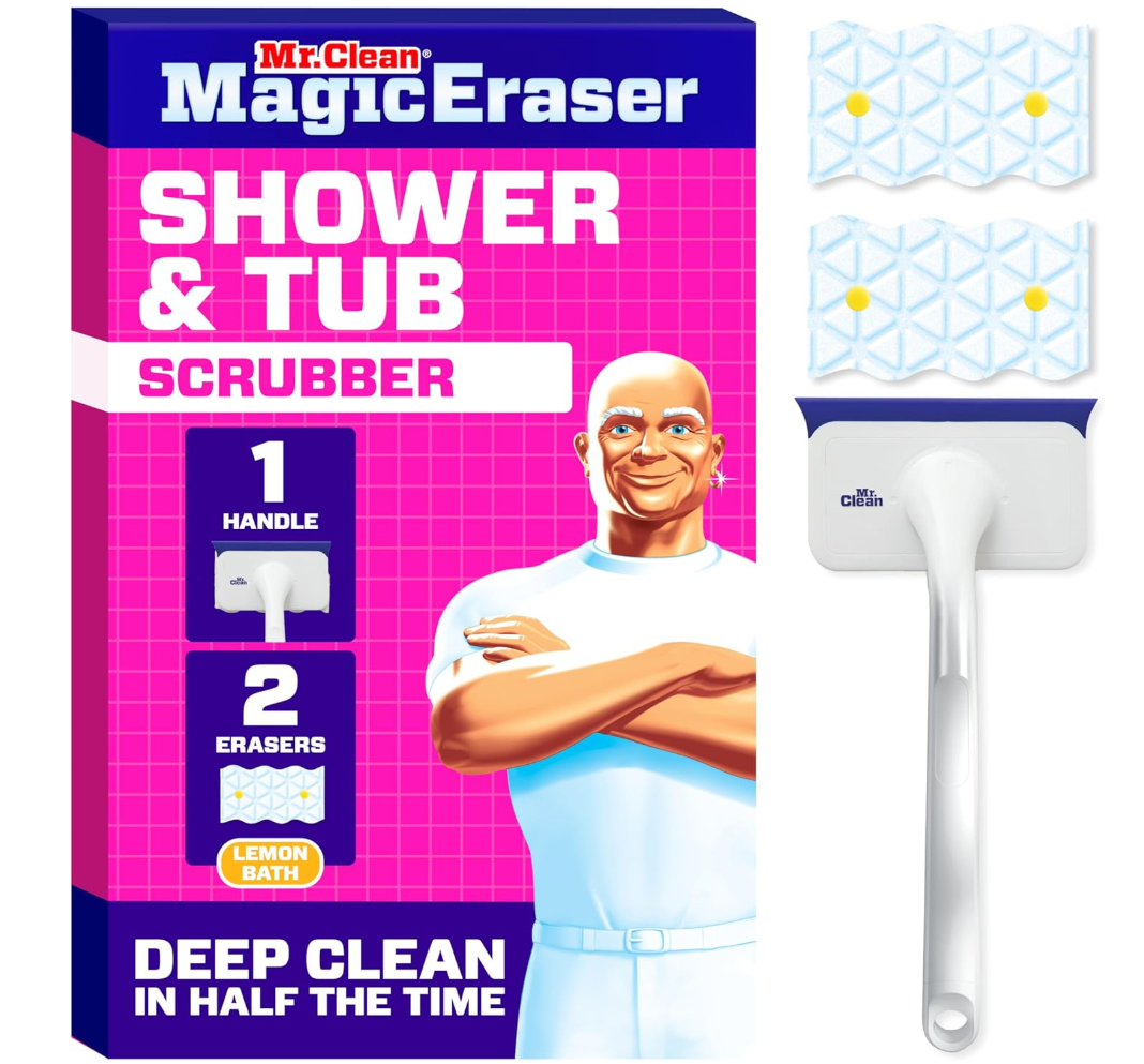 Mr. Clean Magic Eraser Shower & Tub Scrubber, Bathroom Cleaner, All in One Bathroom Cleaner, Lemon Starter Kit, 1 Scrubber & 2 Foaming Magic Erasers