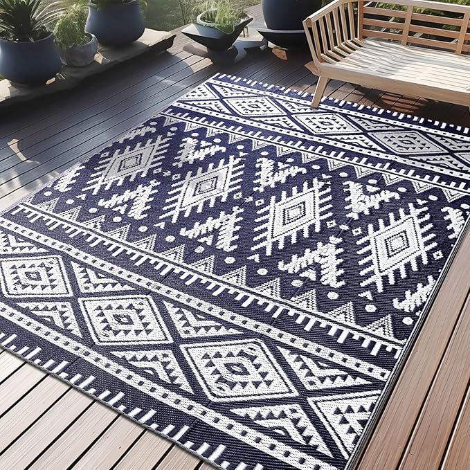 OLANLY Outdoor Rug Waterproof 6x9 ft, Reversible Outdoor Plastic Straw Rug, Boho Patio Rug, Indoor Outdoor Carpet, RV Mat Outside for Patio, Camp, Picnic, Balcony, Deck, Backyard, Navy & White