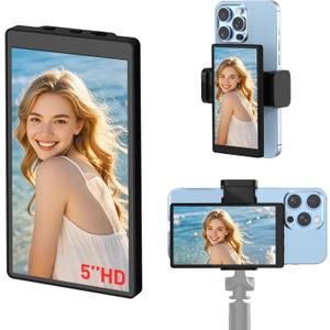 5'' Phone Vlog Selfie Monitor Screen, Selfie Screen Low Latency Wireless Recording w/Magnetic Phone Mount/Remote Control, Adjustable Brightness Rear Camera for Vlog Live Stream iPhone