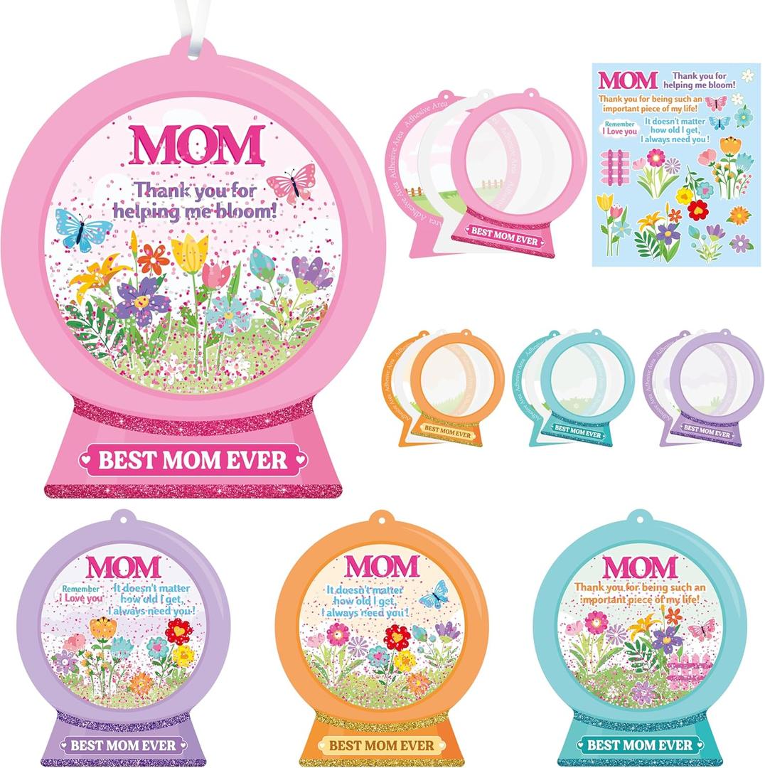 WATINC Mother's Day Craft Kit - 12Pcs DIY Best Mom Ever Flower EVA Shaking Hanging Ornament Crystal Ball with Glitter Sequins Sugar Papers, Thank You Craft for Home School Classroom Party Activities