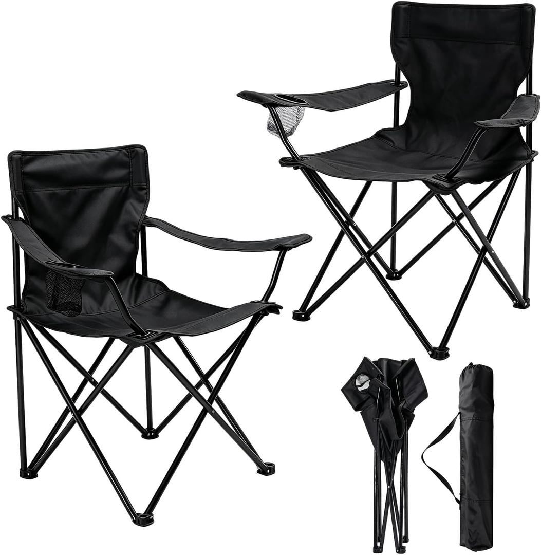 2 Pack Camping Chairs Folding Outdoor Chair Portable Lawn Chair with Cup Holder Supports 250LBS Lightweight Beach Chair for Outside Sports, Fishing, Hiking, Travel, Picnic, Backyard（Black）, 20 x 20 x 32 inches