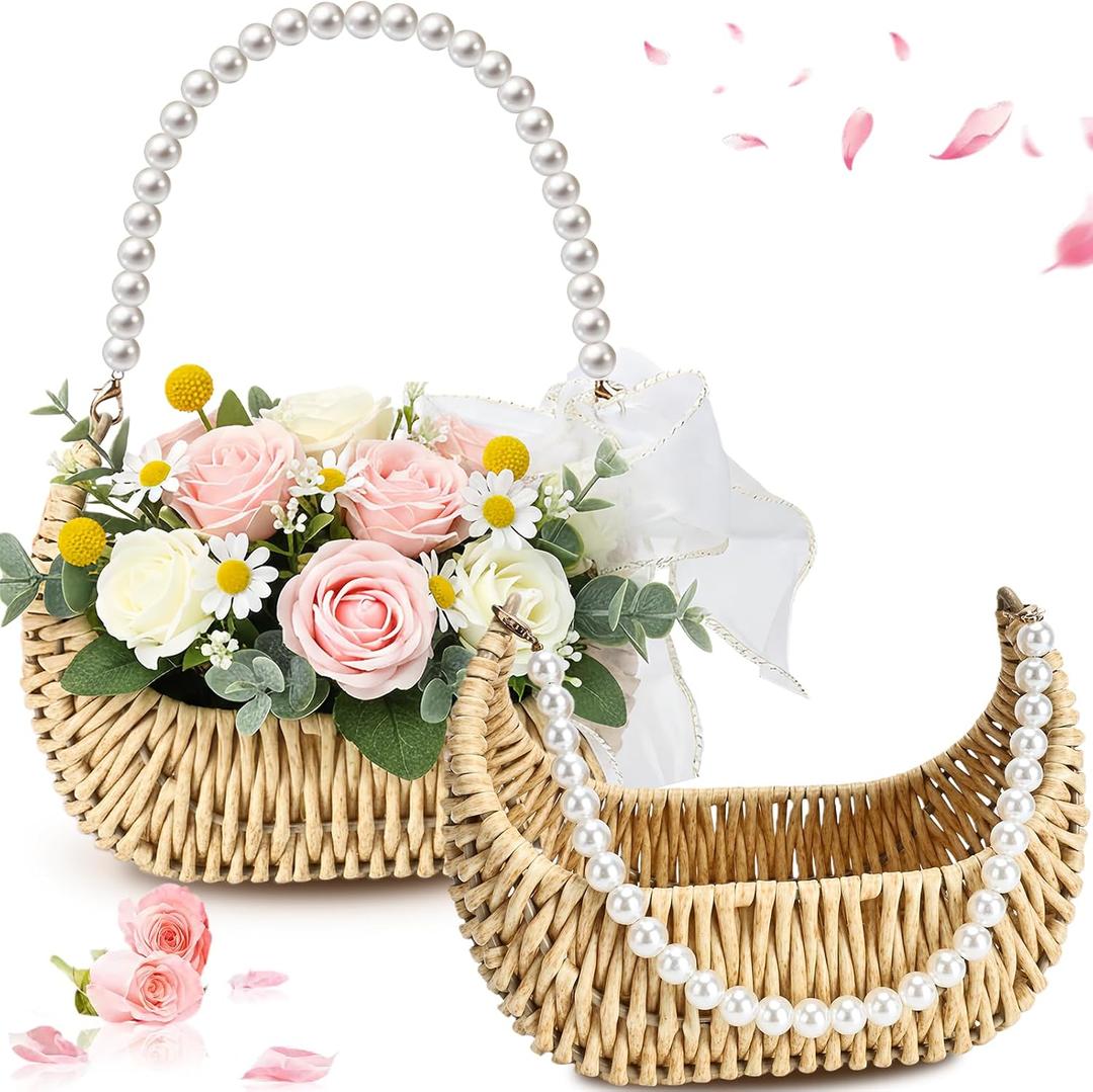 Ebrima 2 PCS Flower Girl Basket, Wicker Rattan Basket with Ribbon, Rustic Flower Girl Baskets for Weddings Bridal Anniversary Party Decor