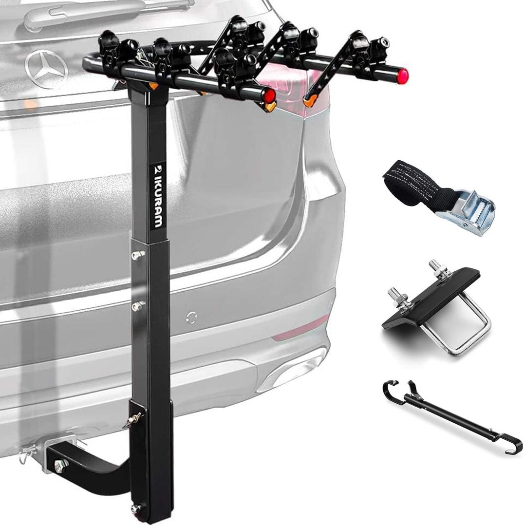 3 Bike Rack Bicycle Carrier Racks Hitch Mount Double Foldable Rack for Cars Truck SUV Fits 2" Receiver, Tie Down Strap, Anti-Rattle Hitch Tightener & Bicycle Cross-bar Adapter for Kids Bike