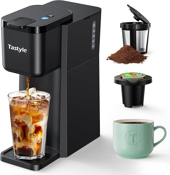 Tastyle Mini Hot and Iced Coffee Maker Single Serve, for K Cup and Ground, 6 to 14 Oz Brew Sizes, with Recipe Book, for Home, Travel, RV, Office and Dorm, Classic Black (2.0 Version)