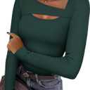 REORIA Women Ribbed Long Sleeve Cutout Tops (Green)