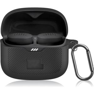 for JBL Tune Buds Case Cover, Soft Silicone Protective Earbuds Case Front LED Visible, Only Compatible with JBL Tune Buds, Headphones Case with Carabiner Accessories Set(Black)