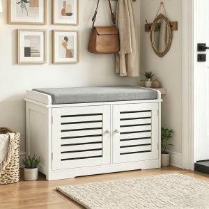 RASOO Shoe Storage Benches White Shoe Rack Bench with 2 Doors & Padded Seat Cushion in Grey Shoe Cabinet Shoe Entryway Bench with Shoe Organizer