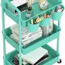 MOYIPIN 3-Tier Plastic Rolling Utility Cart with Handle,Utility Storage Cart for Office, Living Room, Kitchen,Movable Storage Organizer Shelves,Turquoise with 3 Hanging Cups