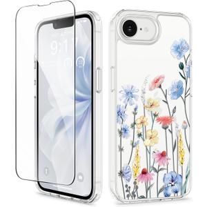 GVIEWIN for iPhone 16e Case with Screen Protector,[Non-Yellowing][Military-Grade Protection] Hard PC&TPU Bumper,Floral Shockproof Protective Clear Phone Case for iPhone 16E 2025(Aconite/Light Blue)