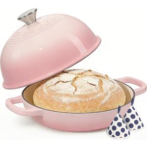 Cast Iron Dutch Oven Pot with Lid, Round Bread Oven for Sourdough Bread Baking, Umite Chef Enameled Cast Iron Bread Oven with Dome Lid & Cotton Potholders for Sourdough, Pink, 6 Quarts