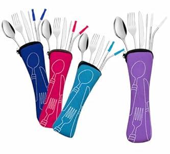 Travel Utensils Set with Case 4 Pack, Reusable Stainless Steel Portable Cutlery (Fork, Spoon, Knife, Straws & Cleaner) for Work, Dorm, Camping, Lunch Box, Compact Durable Silverware by Ecoberi