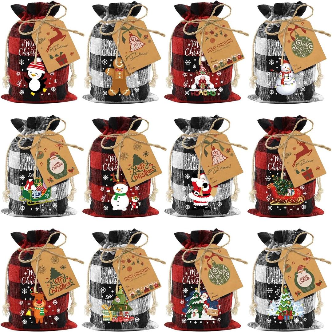 Aviski 60PCS Cotton Small Christmas Drawstring Candy Treat Bags Buffalo Plaid Xmas Xmas Christmas Fabric Goody Gift Sacks Reusable Gift Wrapping Bags Holiday Party Favors - Red/White
