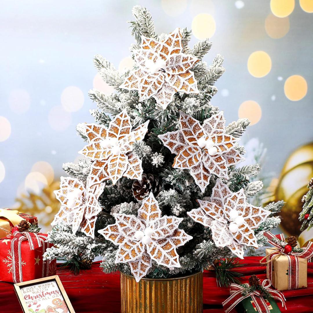 AceOrbit 12 Pcs Christmas Poinsettia Artificial Flowers 5.5'' Christmas Snow Tree Flowers Decoration Rustic Hanging Ornaments for Xmas Home Vase Decor (Brown,Gingerbread Man Theme)