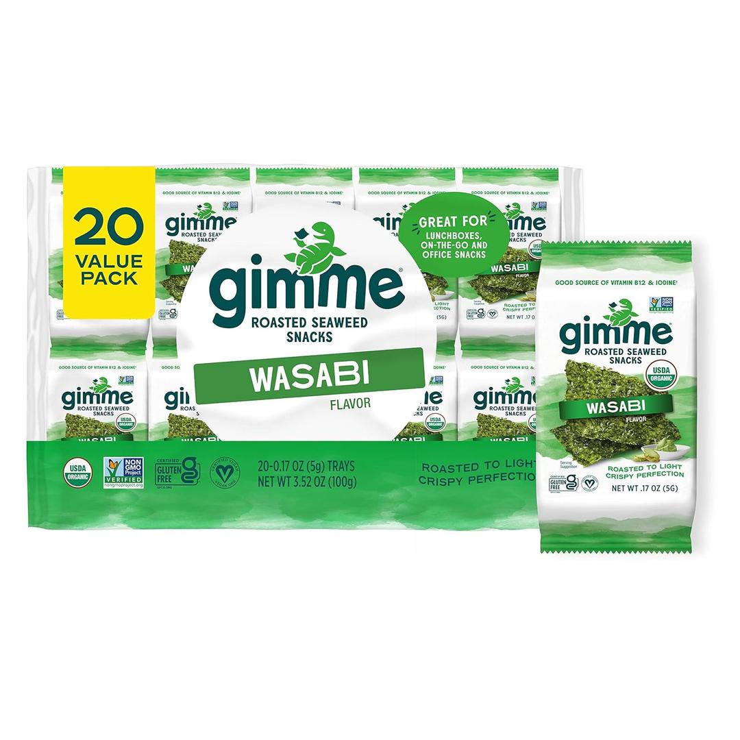 Gimme Seaweed Organic Premium Roasted Seaweed Snacks, Wasabi, 20 Count, Keto, Vegan, Gluten-Free, Great Source of Omega3s and Iodine, Healthy On-The-Go Snack for Kids and Adults BB 4/6/26