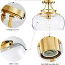 WUZUPS Chandelier Rustic Farmhouse Industrial Round Semi-flushmount Ceiling LED Light Fixture with Clear Glass Shades for Bathroom Kitchen Foyer Entryway, H 11.8" x W 13.4", E26 Base, Brushed Gold