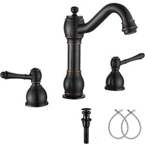 GGStudy 2 Handles 3 Holes Faucet Widespread Bathroom Sink Faucet Basin Tap Mixer Supply Hose Included Matching Pop Up Drain Oil Rubbed Bronze