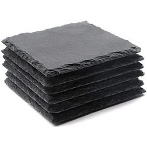 6 Pack Square Slate Drink Coasters, VIBRATITE 4 Inch Black Slate Stone Coasters Bulk Cup Coaster Laser Engraving Blanks with Anti-Scratch Bottom for Drink Coffee Bar Kitchen Home Decor