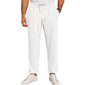 Runcati Mens Casual Pants Drawstring Elastic Waist Lightweight Cropped Linen Pants Summer Yoga Beach Trousers (Medium, White)