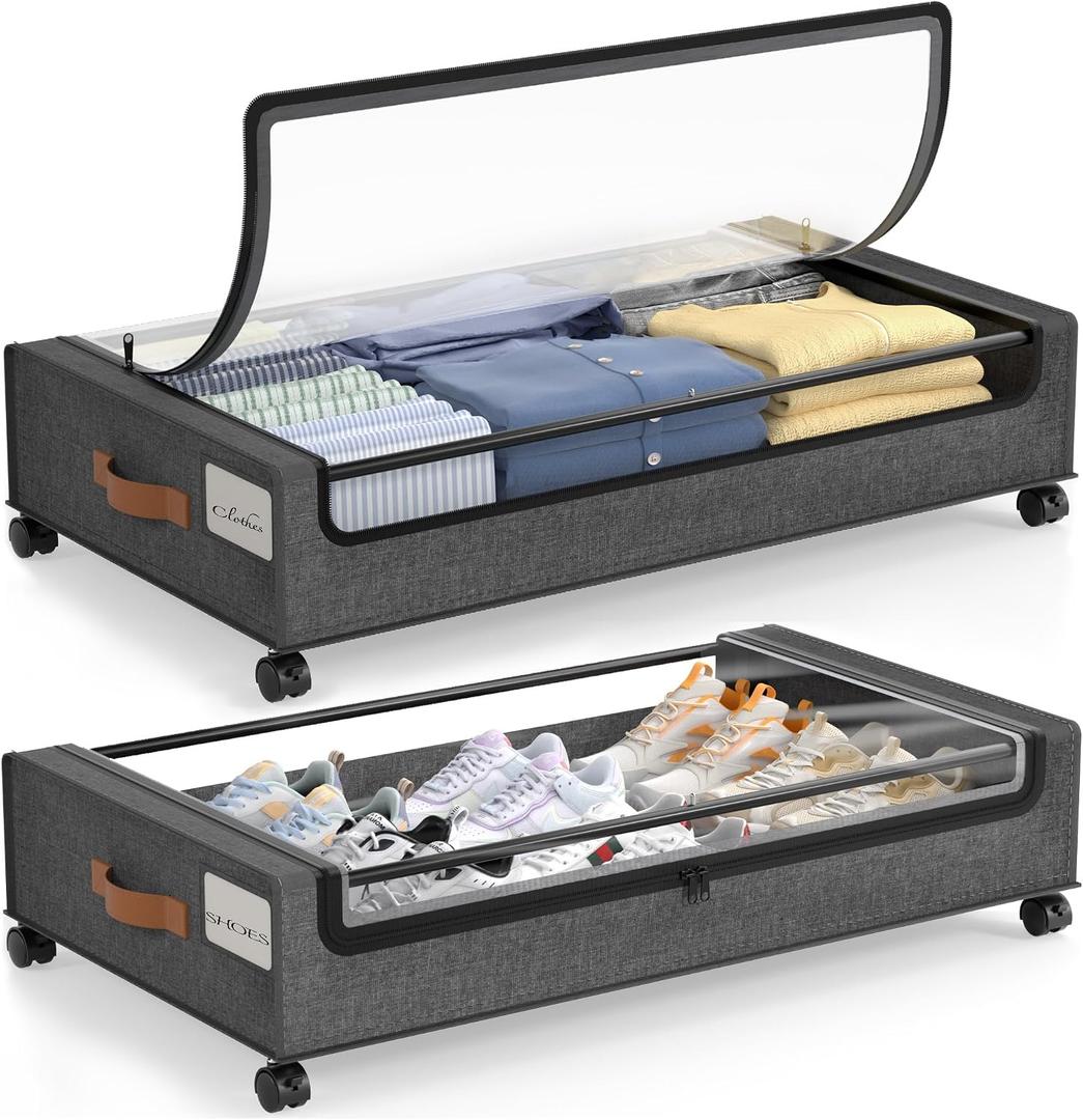LAMU Under Bed Storage Containers with Wheels, 2 Pack, Hemp Grey