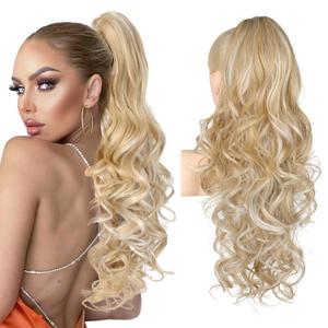 REECHO Ponytail Extension, 24" Claw Clip in Long Curly Wavy Ponytail Hair Extension Jaw Clip on Pony Tails Hairpiece for Women - Medium Blonde with Highlights