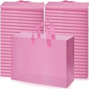 Patelai 200 Pack Frosted Plastic Gift Bags 16 x 6 x 12 Inches Clear Shopping Bags Bulk with Handles and Cardboard Bottom Boutique for Small Business Merchandise Retail Stores(Clear Pink)