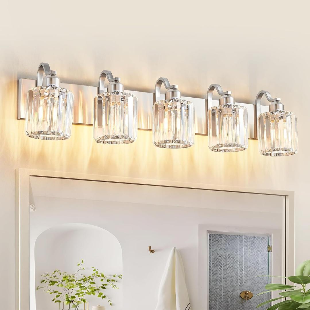 Modern Crystal Bathroom Vanity Light 5 Light Brushed Nickel Vanity Lighting Over Mirror Bathroom Wall Lighting Fixtures with Round Shade (Exclude Bulb)