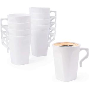 MATANA 50 Pack 9 Oz Plastic Coffee Cups with Handles (White) Disposable Tea Cups with Handles, Plastic Tea Cups for Tea Party & Wedding Cafe, Reusable Disposable Mugs for Hot Drinks & Cold Drinks