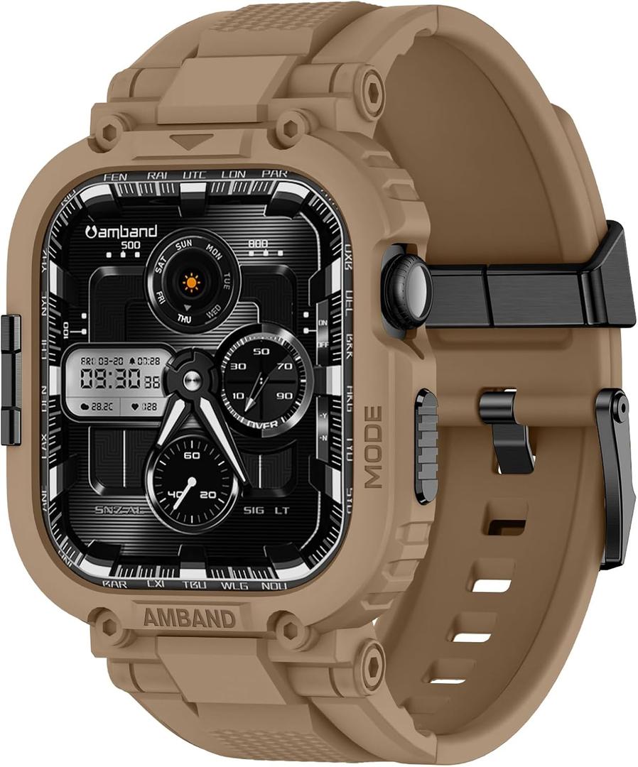 amBand Compatible with Apple Watch Series 11/10 42mm Bands Case for Men Women, M1 Sport Rugged Heavy Duty Protective Cover Tactical Strap Military Protector Bumper for iWatch Accessories - Desert Tan