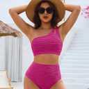 Women's High Waisted Bikini Sets One Shoulder Tummy Control Swimsuits 2 Piece Textured Bathing Suits (Pink, XL)